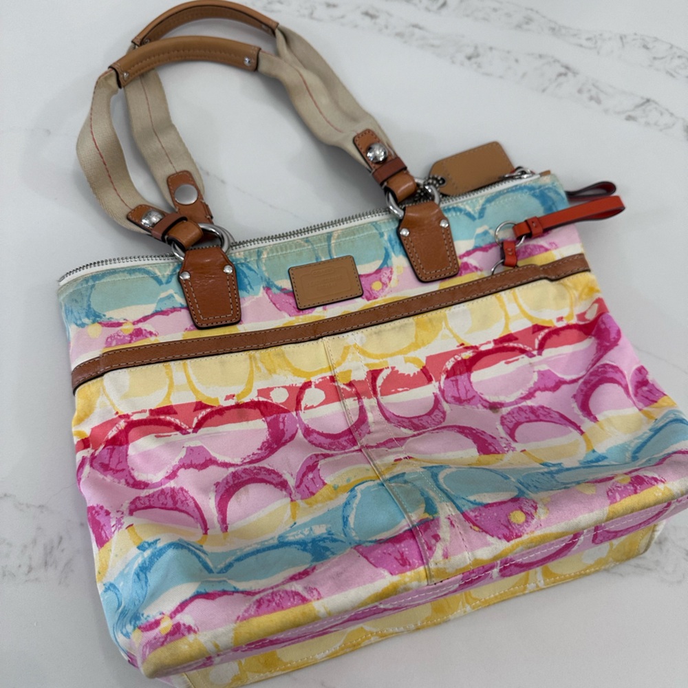 Coach Multicolor Watercolor Signature Shoulder Bag with Tan Leather Trim